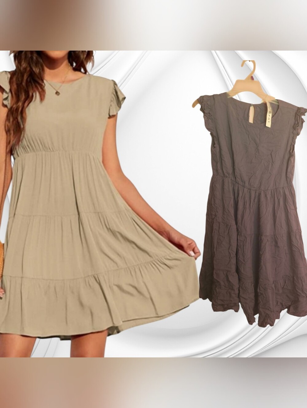 Women's Tiered Cap Sleeve Mini Dress in Beige
